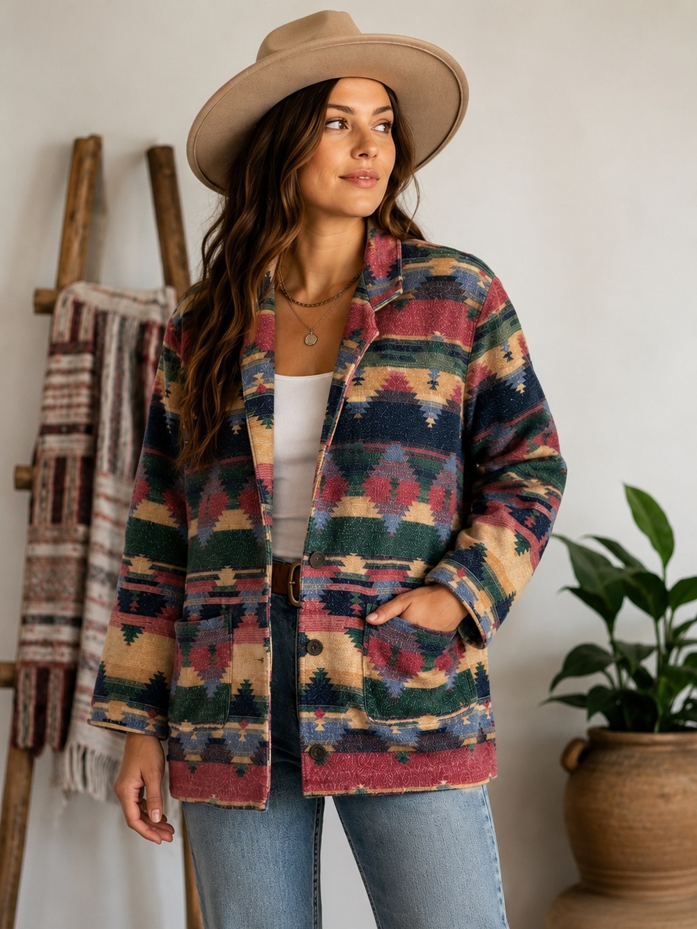 Vintage 90s Southwestern Aztec Print Jacket Boxy Fit‎ Women’s Large